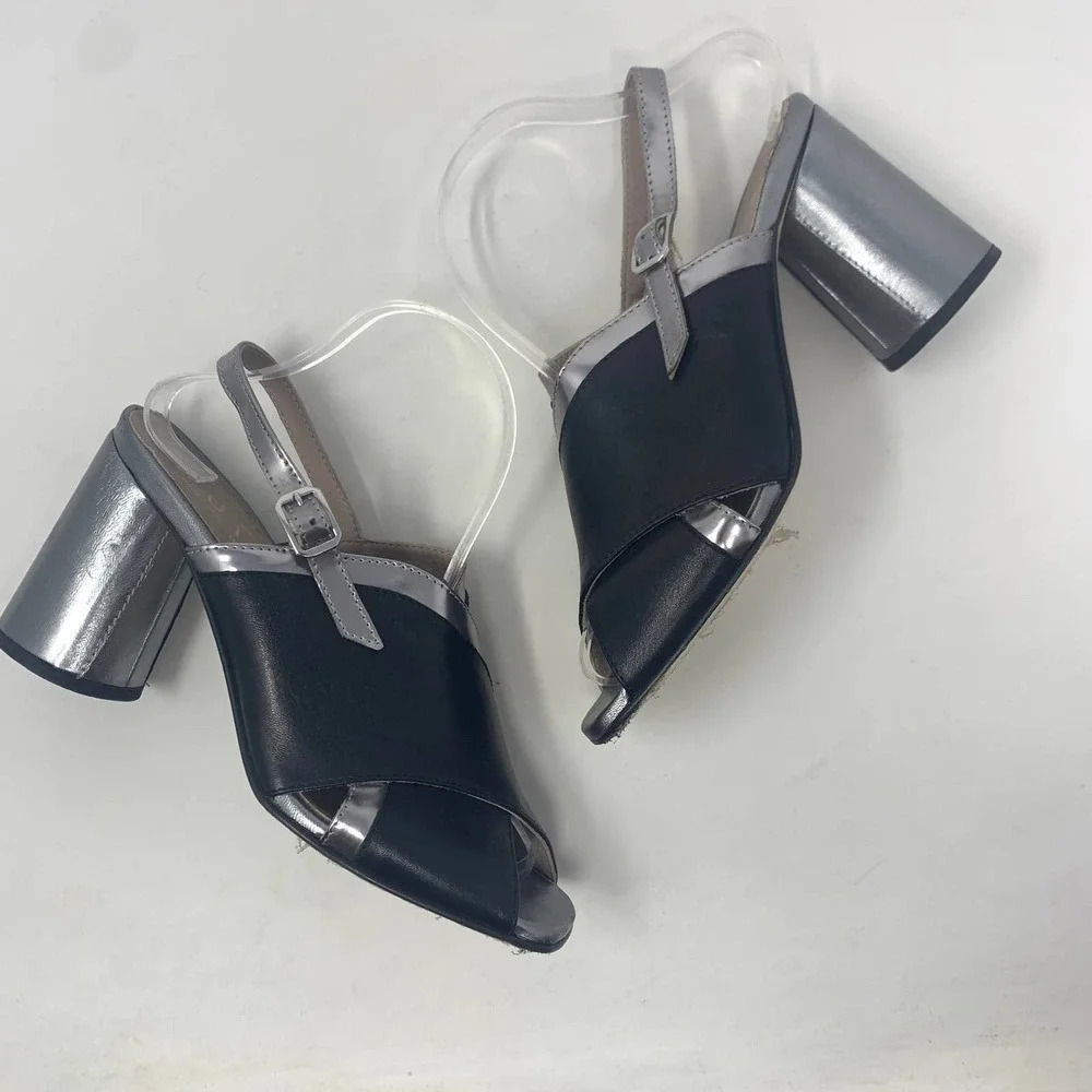 Ouigal Metallic Slingback Heels Black Silver